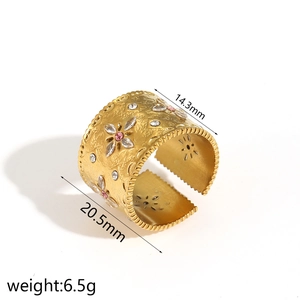 Irregular wide open ring in 18k gold plated titanium steel with zircon accents