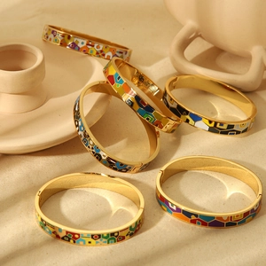 Luxurious 18K gold stainless steel enamel bangles with colorful geometric patterns