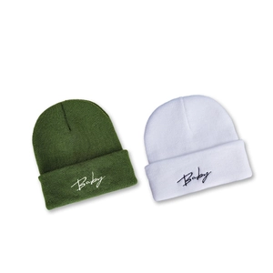 Winter knitted beanie hats for men in olive green and white with Baby embroidery
