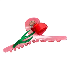 Pink tulip-shaped claw clip with red flower and green leaves for elegant hair styling