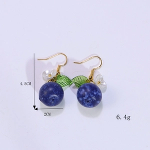 Detailed view of blueberry-shaped earrings with green leaves and dimensions 4.5x2cm