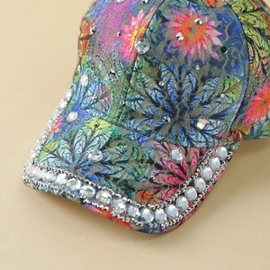Casquette de baseball à fleurs pour femme avec strass brillants et détails en dentelle