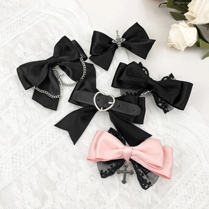 Gothic Lolita Bow Hair Clips Satin Ribbon Lace Alloy Cross Chain Heart Pendant Dark Punk Style Headwear For Women