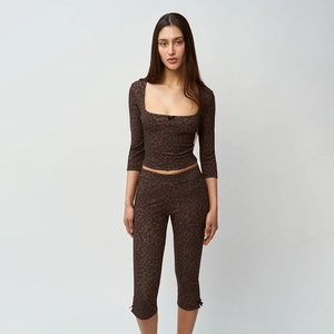 Sexy Leopard Print Square Neck Crop Top And Skinny Leggings For Women Streetwear Casual Brown Polyester
