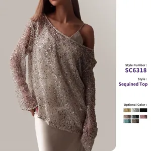 Damen Pailletten Mesh Top Langarm Hollow Out Off Shoulder Locker Casual Party Bluse Glitzer Polyester Mode T-Shirt