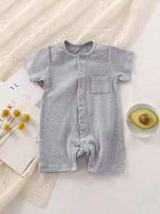Light gray cotton short sleeve baby romper with snap closure and ribbed texture design