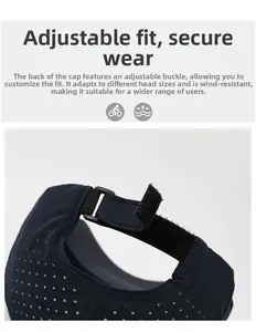 Detail of adjustable Velcro strap and breathable laser-cut holes on navy baseball cap