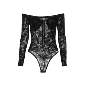 Detailed close-up of black lace long sleeve bodysuit with off-shoulder neckline and floral pattern