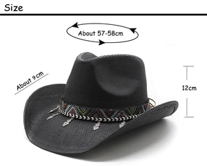 Vue détaillée du chapeau de cowboy tissé avec dimensions et ruban ethnique décoratif