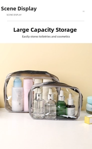 Macro view of transparent PVC toiletry bags with waterproof zippers and spacious interiors
