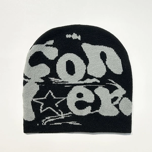 Black knit beanie hat with grey CON letter jacquard and star pattern for street fashion