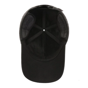 Mens winter plaid wool baseball cap with ear flaps and warm lining in dark grey