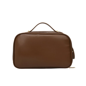 Brown faux leather cosmetic bag with top handle and zipper on white background
