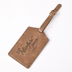 Brown PU leather luggage tag with 'Adventure begins' engraving and metal buckle