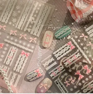 Macro shot showing 3D embossed sweater texture nail decals with pink bows and snowflakes