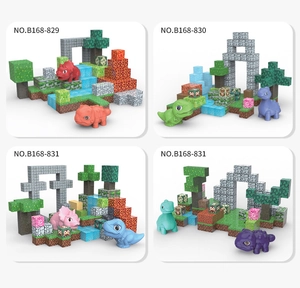 Dettaglio di quattro set di costruzioni magnetiche di dinosauri in stile pixel artistico
