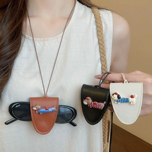 Necklace with leather dog glasses case in brown black and white with cute dachshund