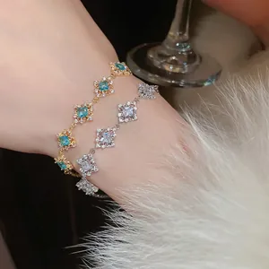 Luxurious geometric square blue zircon bracelets with gold and silver plating