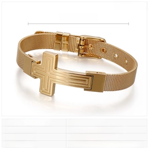 Detailed close-up of gold stainless steel cross bracelet with mesh chain and product specs