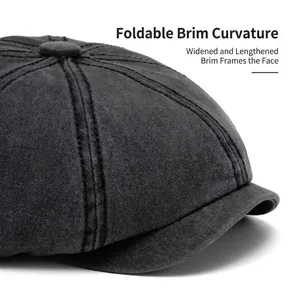 Washed cotton newsboy cap in charcoal grey with a flexible foldable wide brim design