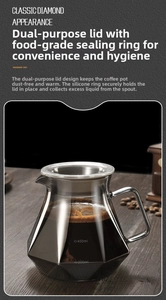 Macro detail of diamond-cut gray glass coffee server with clear capacity scale and lid