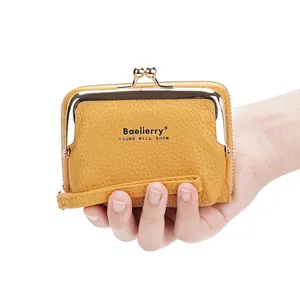 Yellow litchi grain leather mini wallet with metal clasp and wrist strap for women