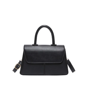 Minimalist black leather crossbody bag with top handle and detachable shoulder strap