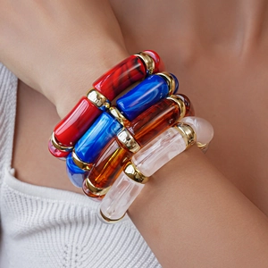 Chic multi-color acrylic bangle set with marble patterns and golden metallic beads