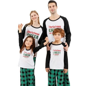 Family Christmas pajamas set with letter print top and green buffalo plaid pants
