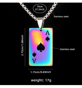 Rainbow stainless steel ace of spades pendant with size measurements and chain length details