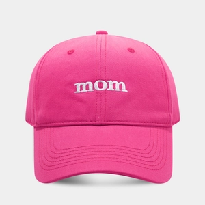 Close-up of white mom embroidery on high-quality rose pink cotton baseball cap