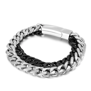 Two-tone silver and black stainless steel Cuban link bracelet for men with flat edges