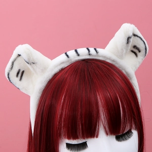 Cute white plush tiger ears headband with black stripes on red wig for cosplay