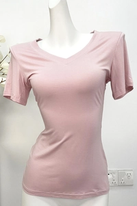 Close-up of pink V-neck t-shirt made of soft modal fabric for a slim fit style