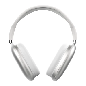 Casque sans fil argenté circum-aural avec coussinets blancs et boutons de commande latéraux