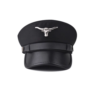 Detailed front view of black military cap featuring silver longhorn bull metal badge