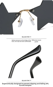 Detail of star-shaped sunglasses featuring metal nose bridge and anti-slip curved temples