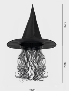 Detailed dimensions of Halloween witch hat with long wavy wig showing 32cm height and 40cm width