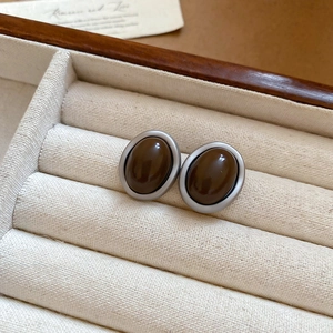 Close-up of brown acrylic oval stud earrings with matte silver frames in a display box