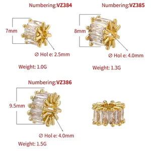 18K gold-plated barrel beads with T-shaped baguette cubic zirconia in three sizes