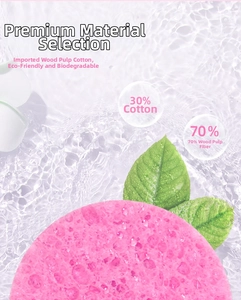 Detail of pink wood pulp sponge showing 70% cellulose material on water ripple background