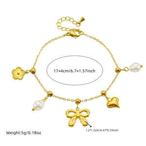 Bracelet chaîne en acier inoxydable doré avec perles, nœud et cœurs, longueur 17+4cm