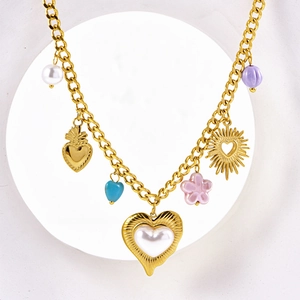 Golden stainless steel chain necklace with heart pendant, pearls and colorful charms