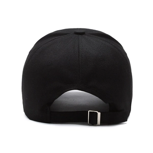 Rear view of black embroidered baseball cap with adjustable silver metal buckle strap