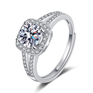Classic 925 silver 1 carat moissanite halo ring with adjustable open band for women