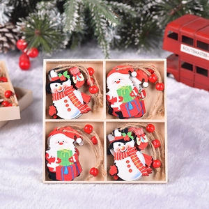 Set of 12 Christmas wooden ornaments with Santa and Snowman in a decorative box