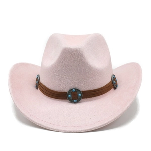 Close-up of pink suede cowboy hat with brown band and turquoise metal accents