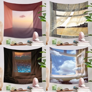 Tapisserie Bohème avec Vue sur Fenêtre Paysage en Polyester Tenture Murale pour Chambre Salon Décoration Maison