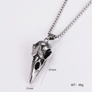 Stainless steel skull pendant necklace with box chain and measurement details