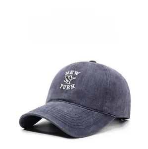 Close-up of vintage washed grey baseball cap with New York NY logo embroidery